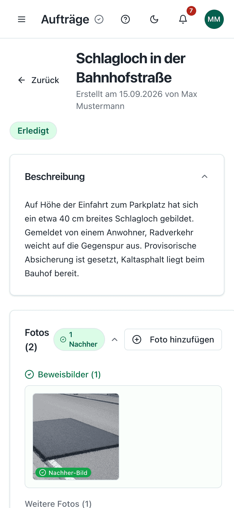 Vorgang in Kommunova mit Beschreibung, Foto, Standortkarte und Zuständigkeit, geöffnet zur Bearbeitung vor Ort