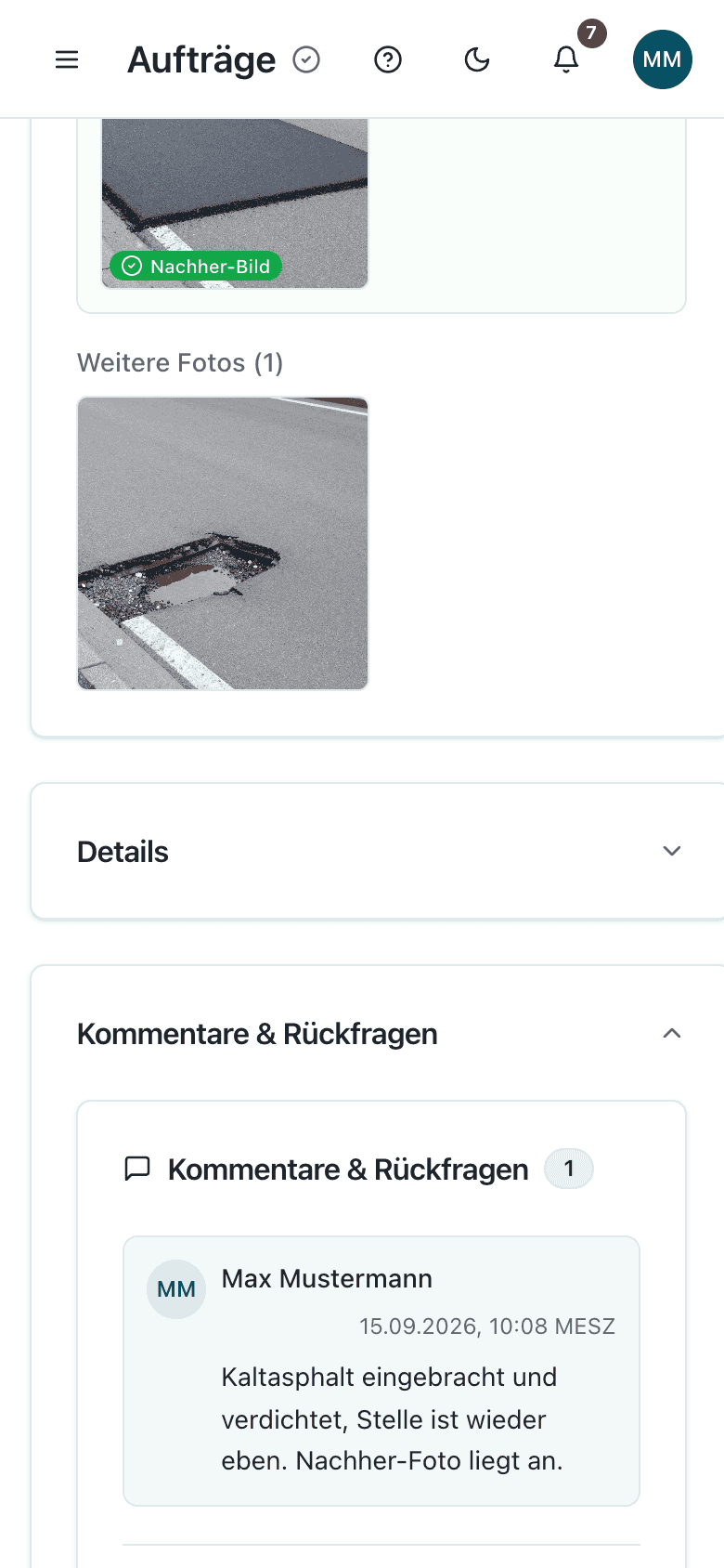 Vorgang in Kommunova mit dem Foto des gemeldeten Schadens und dem Foto nach der Erledigung nebeneinander, mobil mit Kommentar und Status